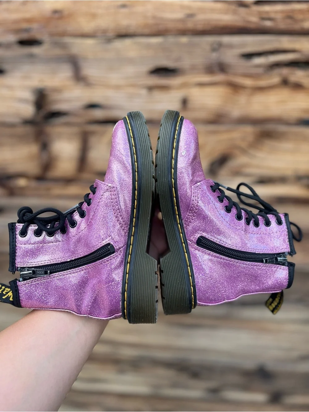 DR.MARTENS | Sparkle Pink Combat Boots with Black Laces 11